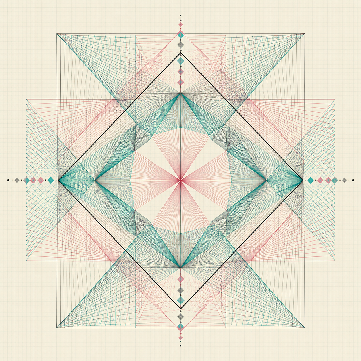 Original geometric artwork with layered teal and rose linework